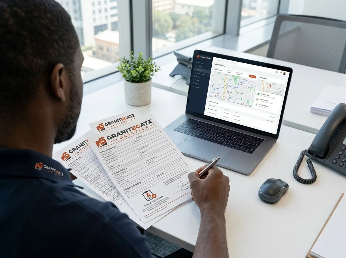 Senior operator reviewing logistics documentation — Granite Gate response protocol