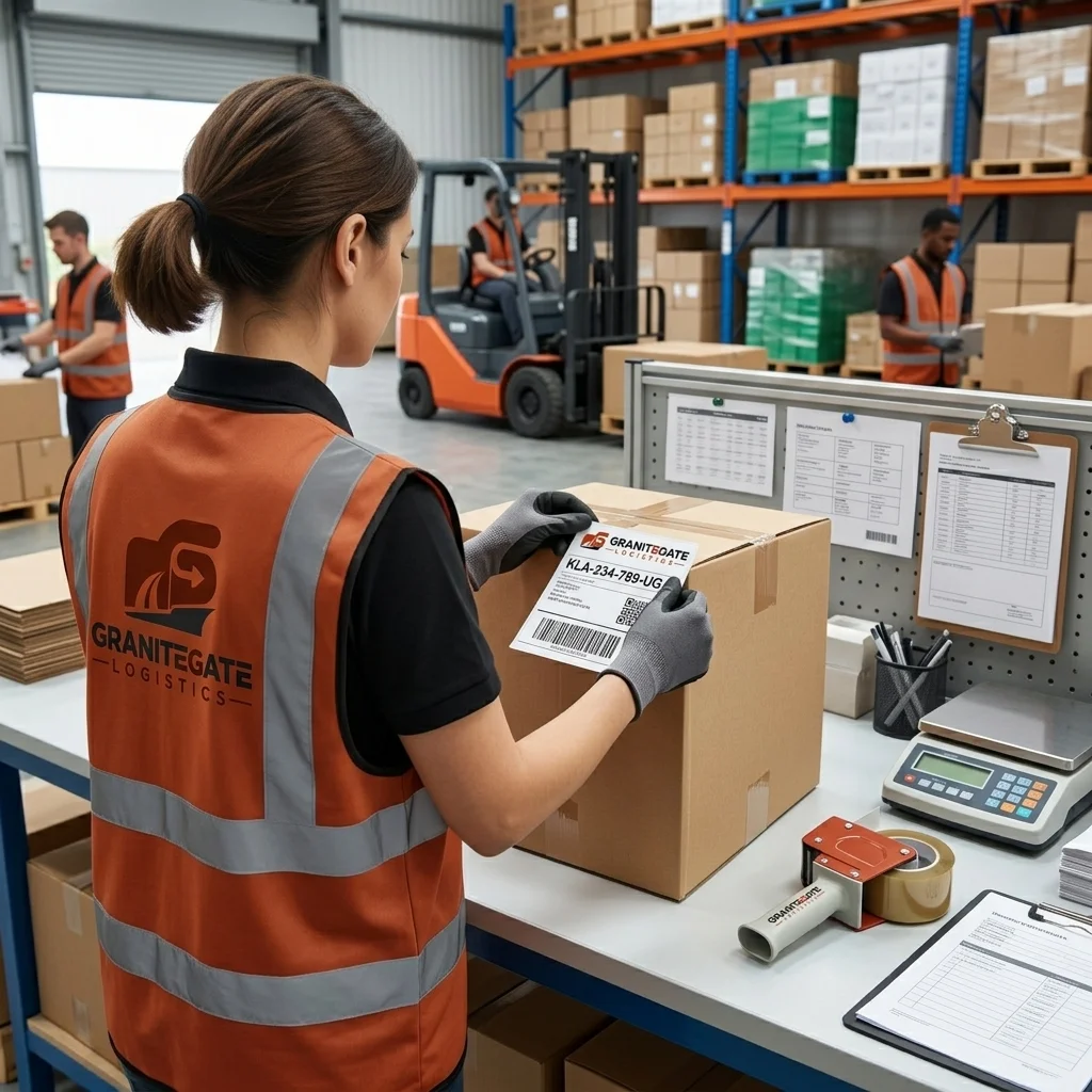 Granite Gate Logistics operator scanning cargo in bonded warehouse, Kampala